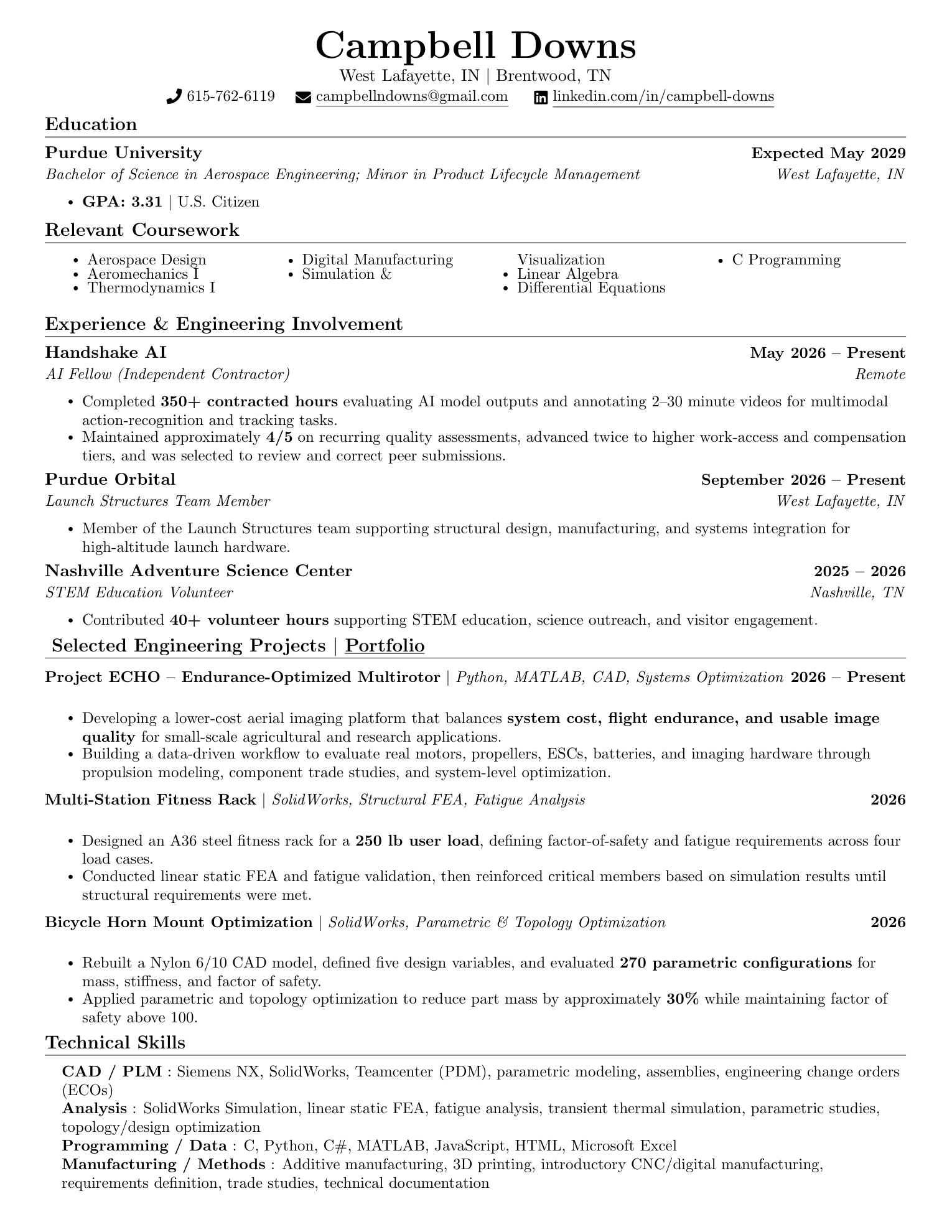 Resume for Campbell Downs, Purdue Aerospace Engineering